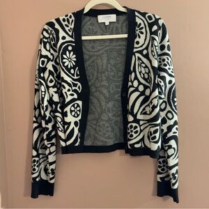 La Linge Black White Floral Cardigan Sweat Merino Wool V-Neck Button Portia